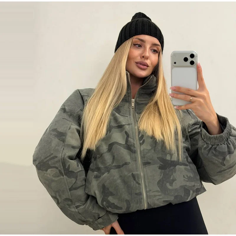 Camo Print Hooded Puffer Jacket Chic Zip Up Stand Collar Elastic Cuff Warm Cropped Coat 2026 Women Winter Commute Street Jackets