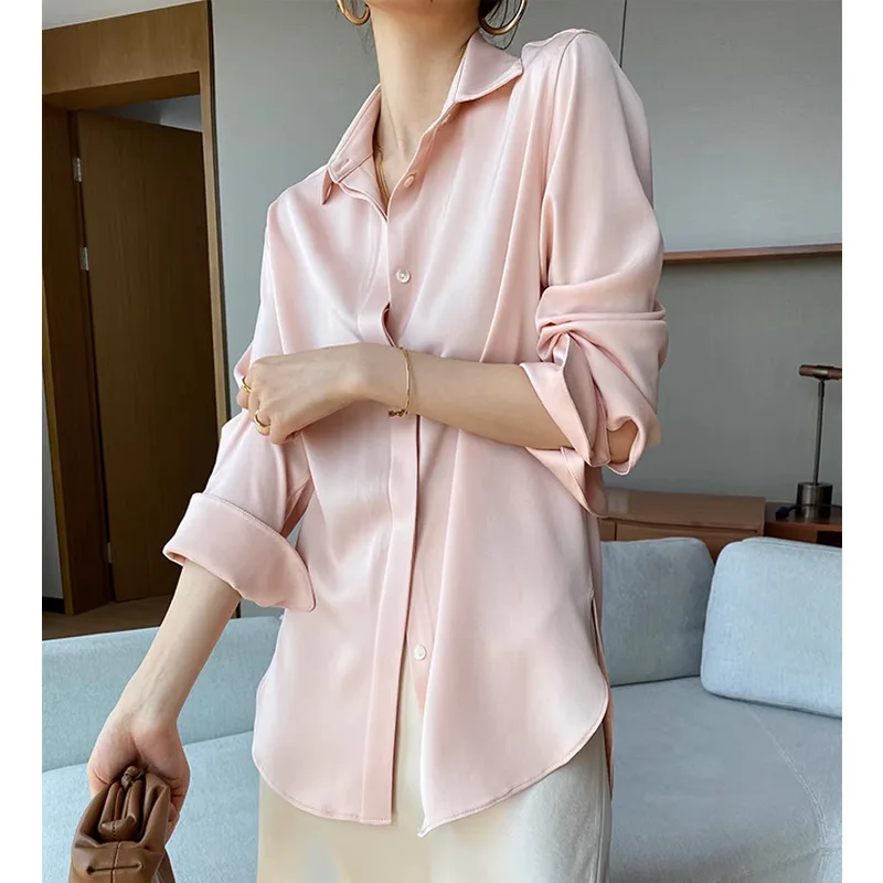 

Women Pink Shirts 2026 Spring Women's Long Sleeve Shirt Glossy Drape Elegant Silk Touch Blouse With Unique Design Office Shirts