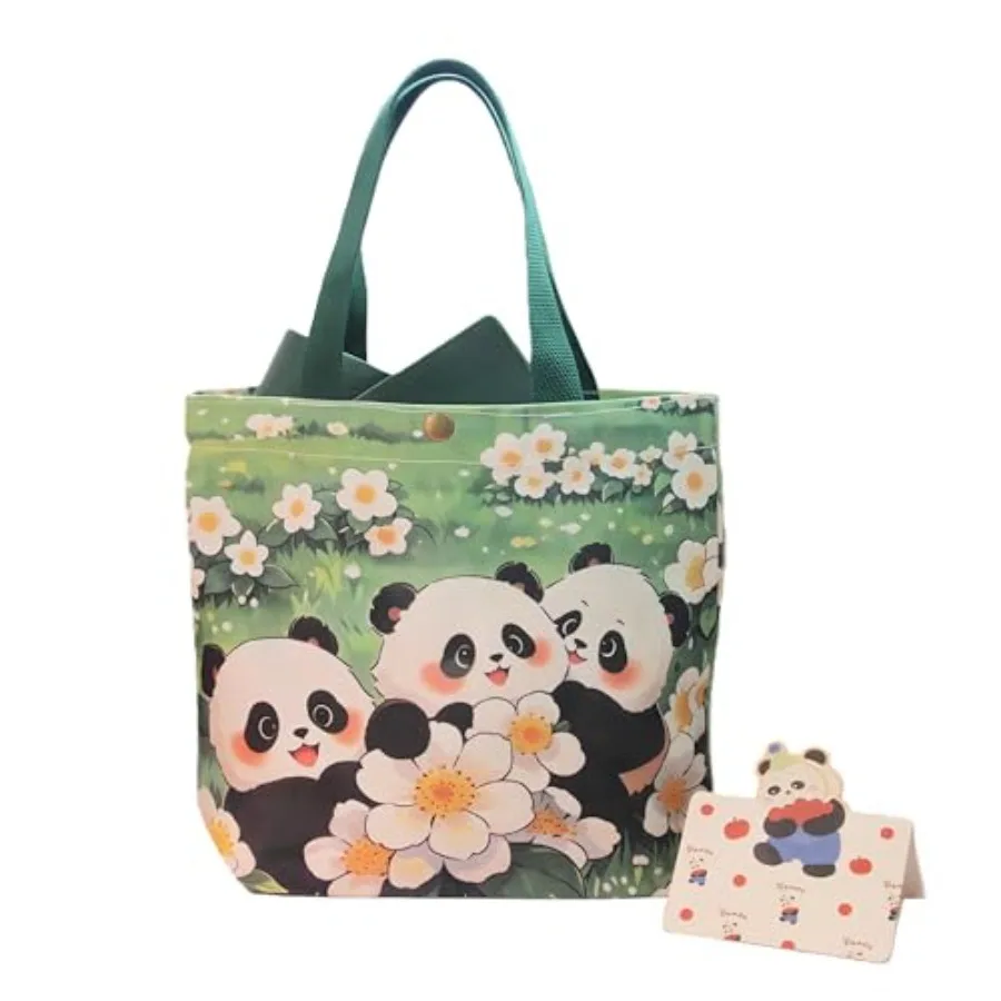 

Double Sided Print Panda Canvas Gift Bag with Card 8x9in Mini Tote for Birthday Party Favors Reusable Snack Bag