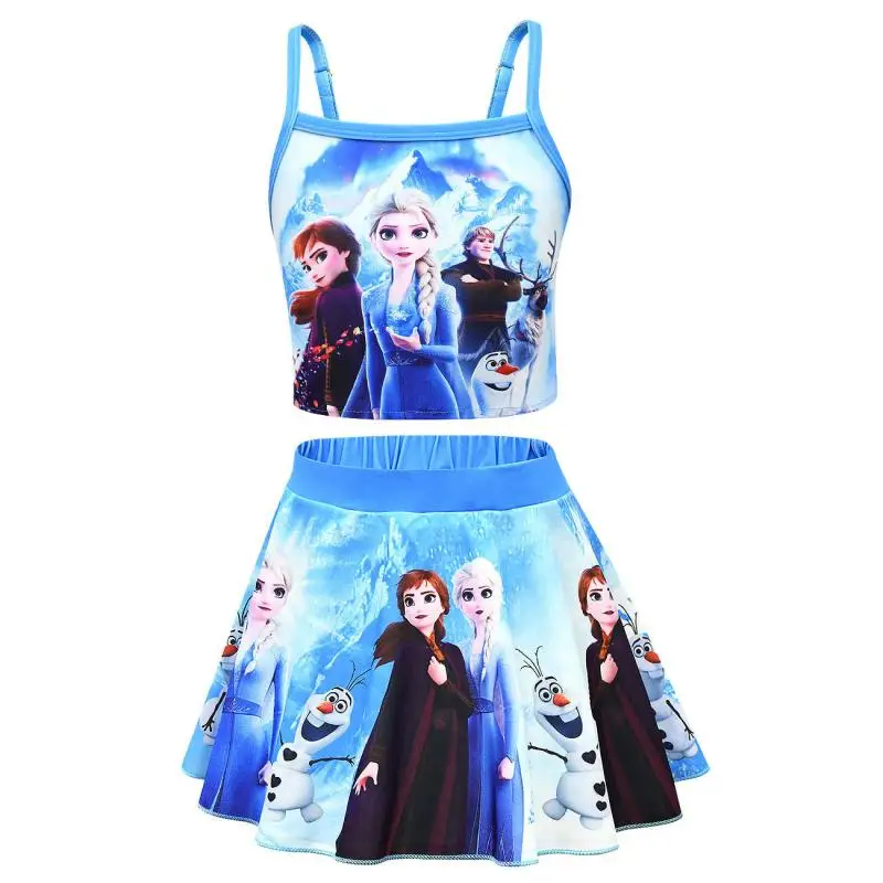 New Disney Frozen Elsa ice and snow fantasy  Children\'s swimsuit set  girl\'s swimsuit, suspender, vest, short skirt, two-piece s