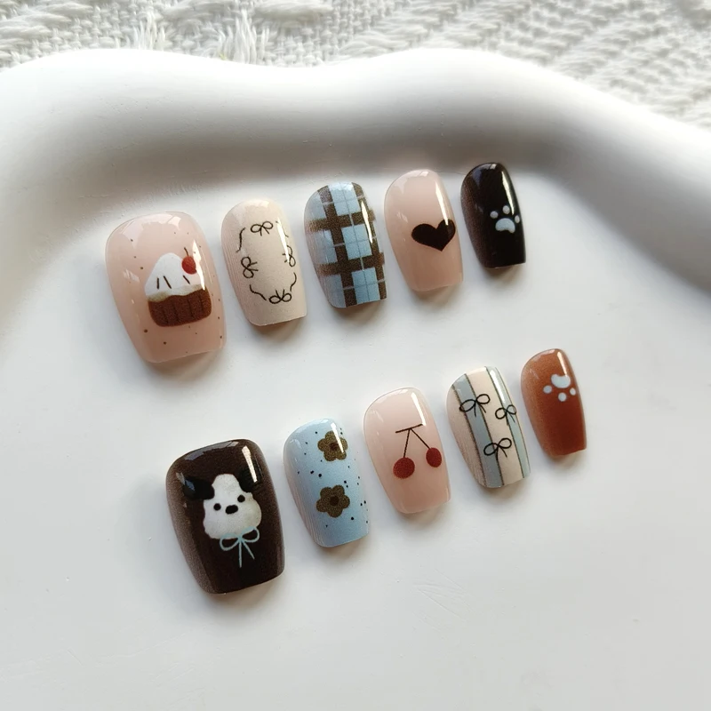 10Pcs Korean Style Cute Bear and 3D Bowknot Half Handmade Press on Nails INS Trend Lovely Blue Plaid Nail Patch Fake Nails view 6
