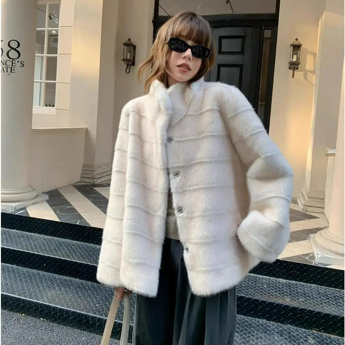 3 color New Winter Embossing Strip Line Pattern Faux Mink Fur Coat Women Stand Collar Long Sleeve Warm Jacket Vintage Outerwear