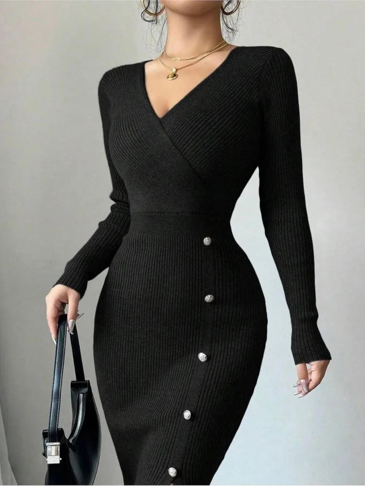

Women Autumn Winter Solid Color Long Sleeved Knit Dresses New High Waist Office Lady Fashion Dress V-neck Wrap Hip Split Vestido