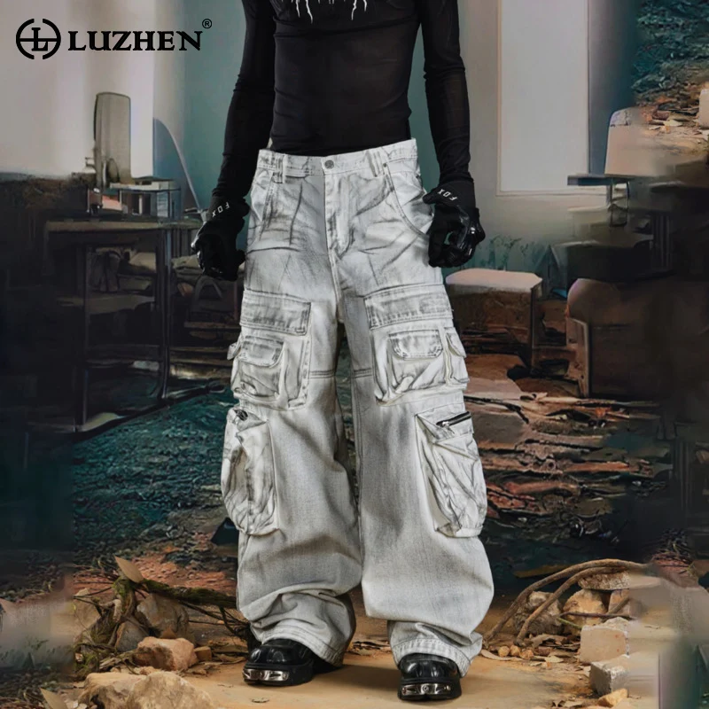 LUZHEN 2025 موضة جديدة خمر نمط مهترئ غسلها مستقيم البضائع الدنيم السراويل الرجال الشارع الأصلي جيوب كثيرة الجينز JY5027 #1