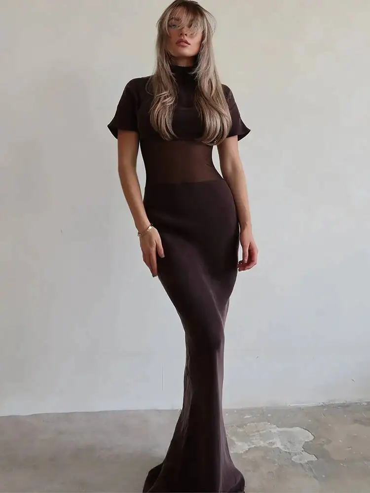 Blifanbo Turtleneck Sexy Mesh Short Sleeve Maxi Dress Women Gown Elegant Bodycon Patchwork Sheer Backless Club Party Long Dress