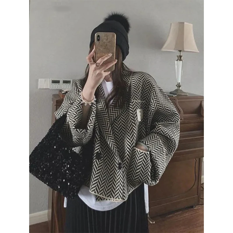 MEXZT Striped Knitted Cardigan Sweater Women Vintage Bird Lattice Cropped Jackets Korean Elegant Oversized Casual Jumpers Coat