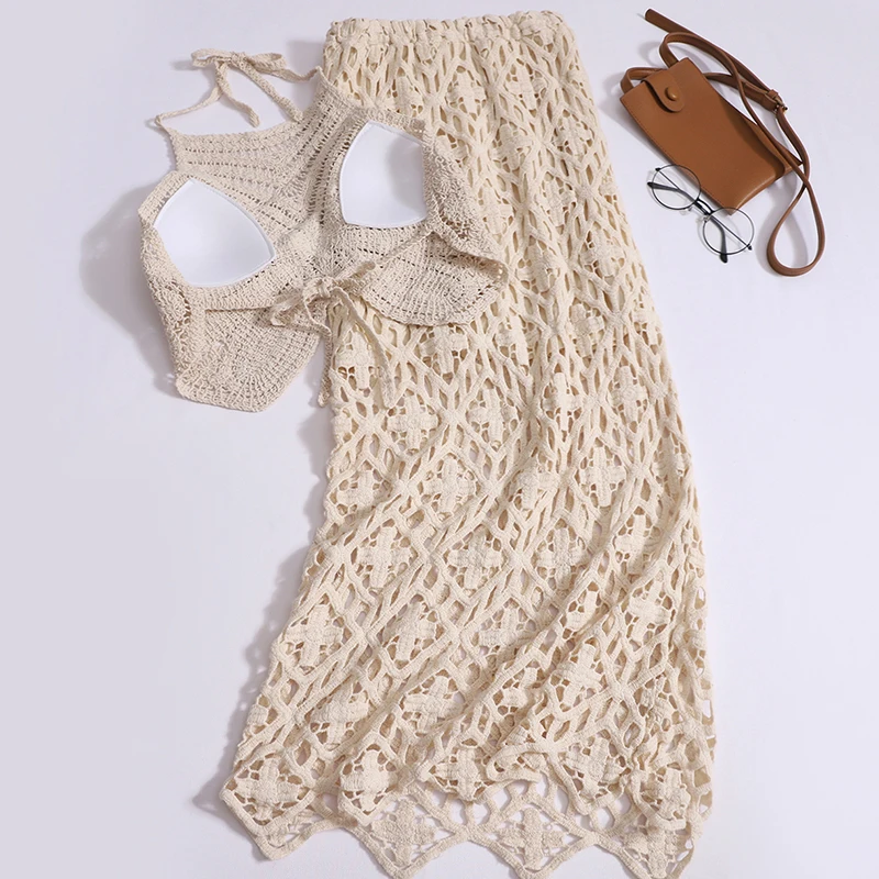 Sexy Halter Vest + Skirt 2 Piece Set Women Summer Seaside Holiday Style Wear Vintage Crochets Hollowed-out Long Skirts