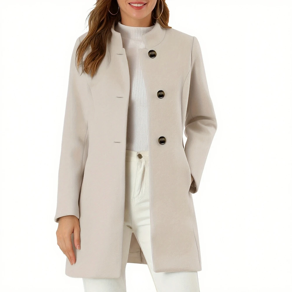 

Осень-зима 2025: женские пальто, винтажные однотонные однобортные базовые пальто с длинными рукавами и воротником-стойкой