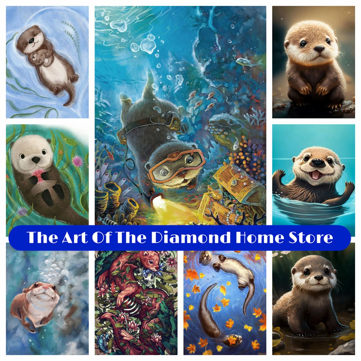 Sea Otters Swimming 5D DIY AB Diamond Painting Embroidery Cute Animal Art Cross Stitch Mosaic Pictures Handmade Home Decor Gift