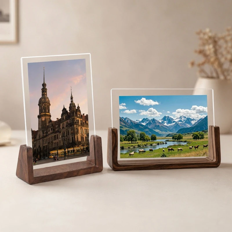 Minimalist Wood Picture Frame U Design Clear Acrylic Photo Display Beech Walnut Tabletop Stand Desktop Artwork Home Decor Gift