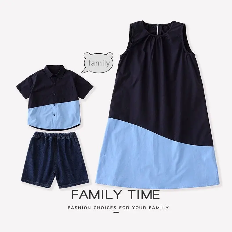 

Family Matching Outfits Color Block Dress for Mom & Daughter + Irregular Design Shirt for Dad & Son Korean Style Sets