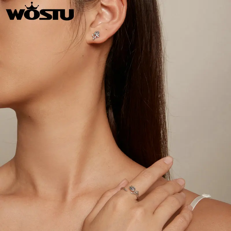WOSTU Hot Sell 925 Sterling Silver Tulip Earrings Opening Ring Set Spinel Ear Studs for Women Fine Jewelry Party Date Daily Gift