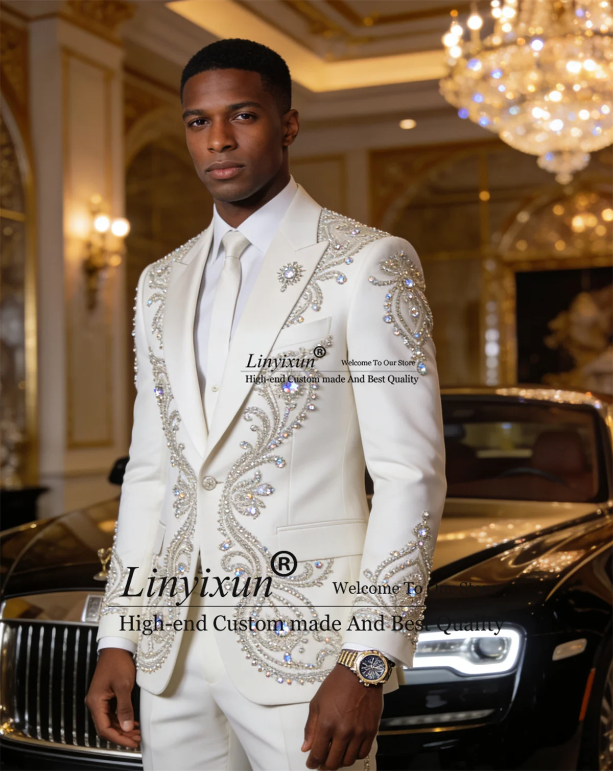 

Luxury Beaded Diamond Men Suits 2 Pieces Sets Wedding Party trajes para hombre Customized Peaked Lapel Slim Groom Party Blazer