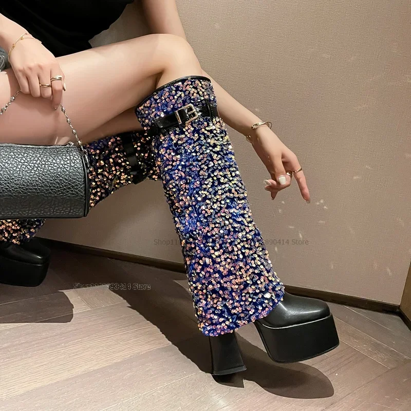 

Mixed Color Bling Turned Over Platform Boots Over The Knee Women Shoes Chunky High Heels Fashion Sexy 2023 Zapatos Para Mujere