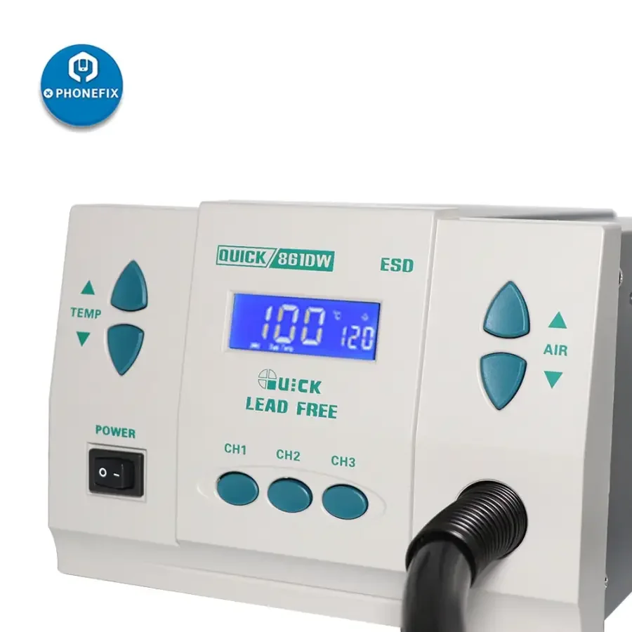 

Quick 861DW Hot Air Rework Station with Heat Gun Nozzles 1000W Power BGA Desoldering Repair Tool For Motherboard IC Components