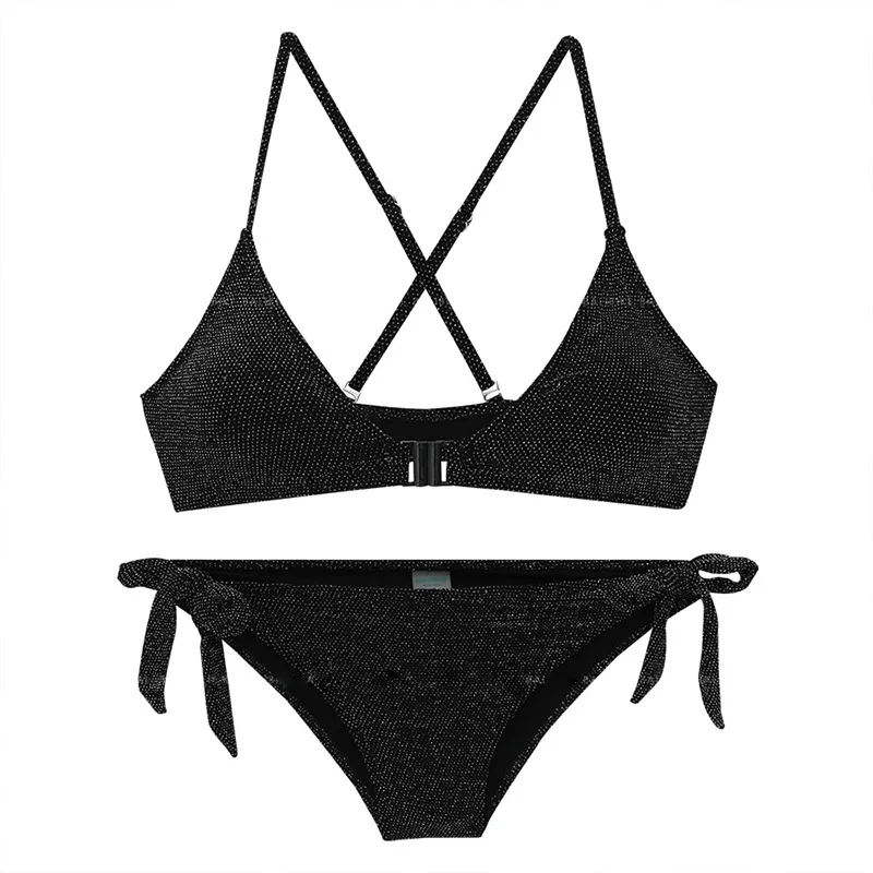 Bikinis con cordón negro para mujer, traje de baño de dos piezas, ropa de playa triangular, conjunto de Bikini coreano para piscina 2024