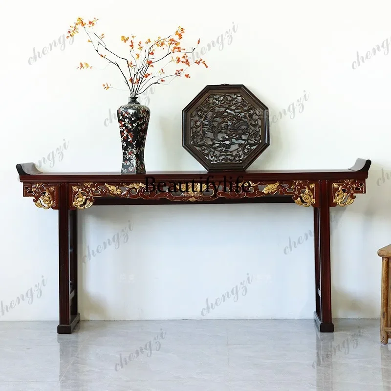9344 Chinese classical strip case wood carving flower entrance table living room decoration table