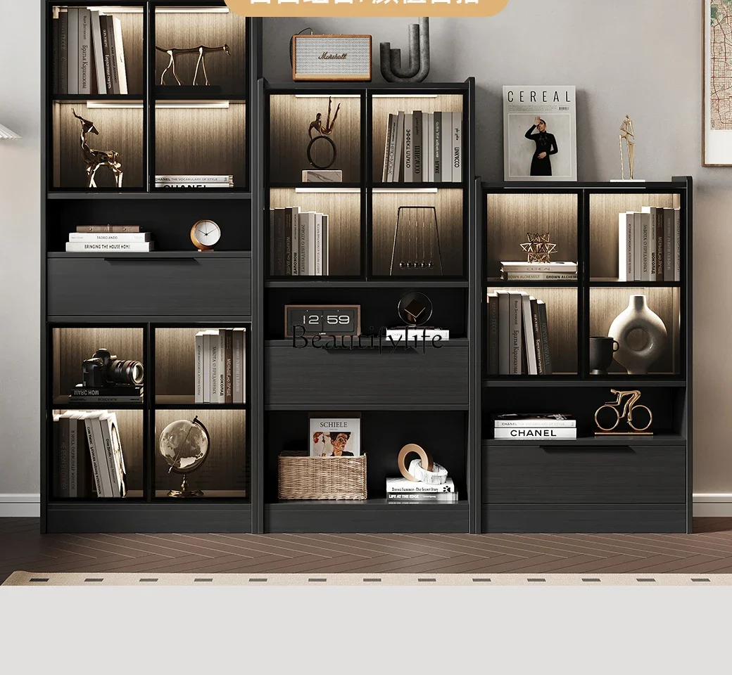 

LD33Simple Floor Solid Wood Bookcase with Glass Door Storage Cabinet Integrated Light Luxury