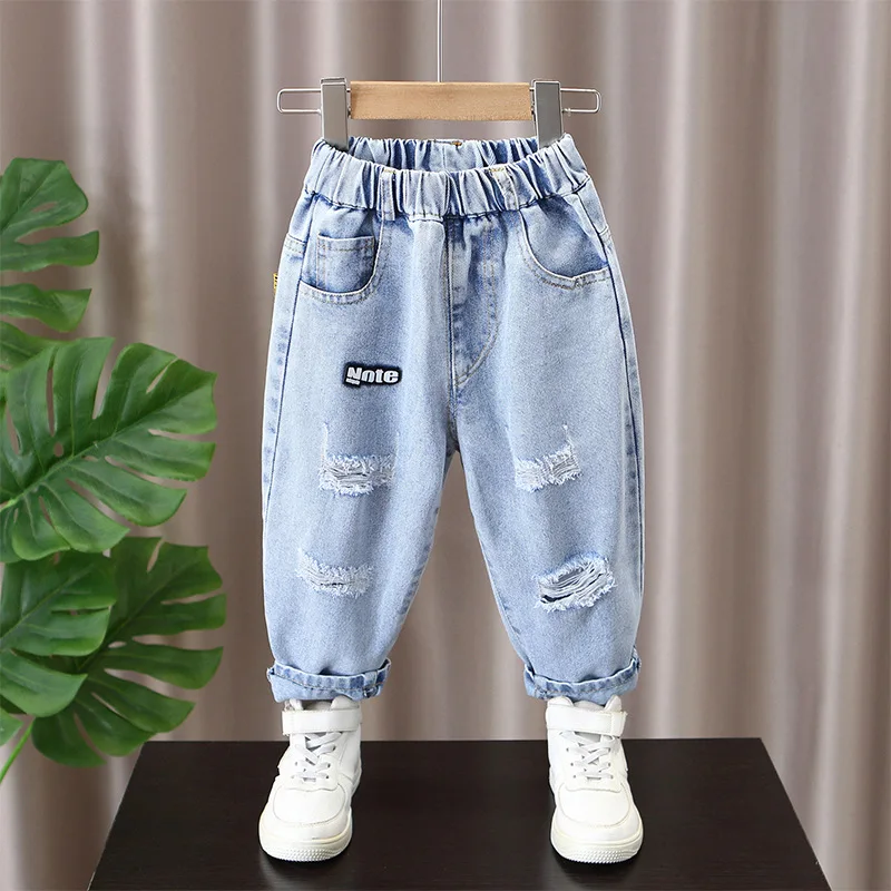 

New Fashion Ripped Hole Boys Jeans Boy Spring and Summer Denim Casual Loose Cuffed Jeans Children Pants Size: 90-150