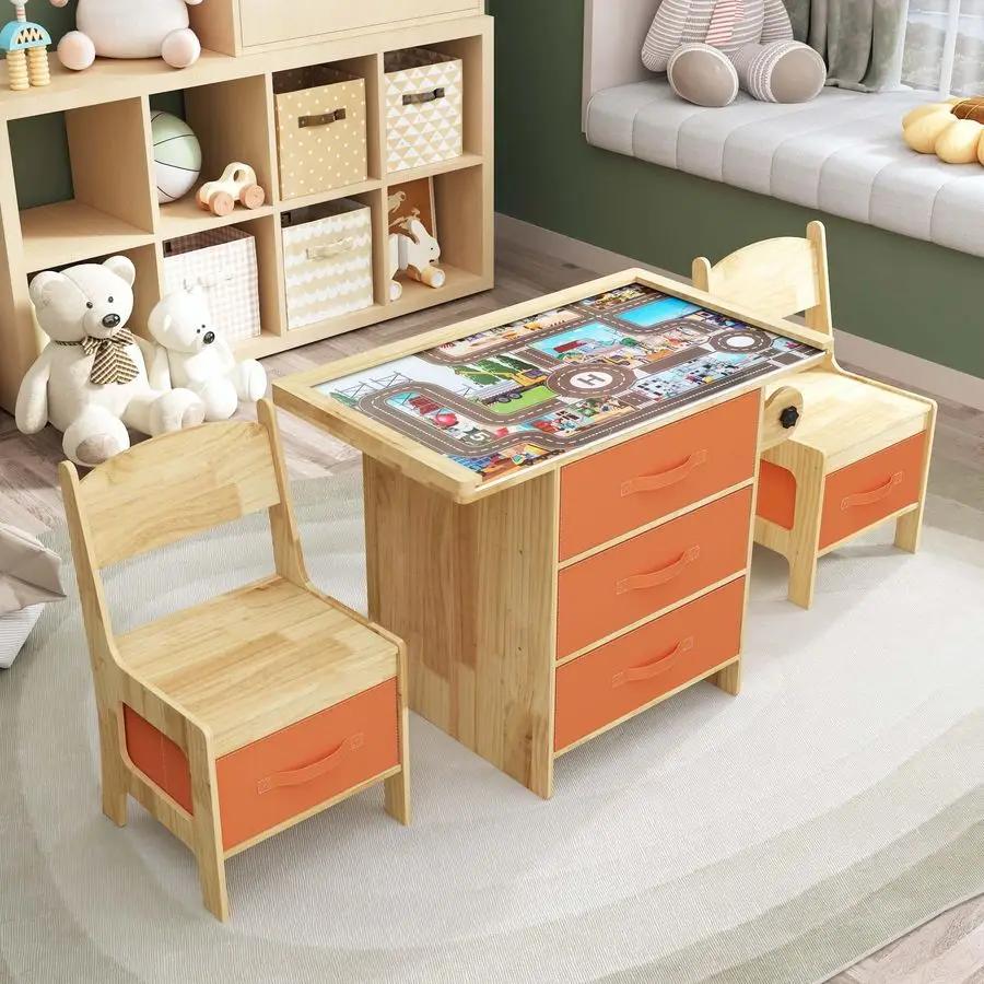 طقم طاولة وكرسي خشبي للأطفال 3 في 1 طاولة خشبية للأطفال الصغار مع مساحة تخزين، مكتب قراءة رسم للأطفال، مع أدراج تخزين #1