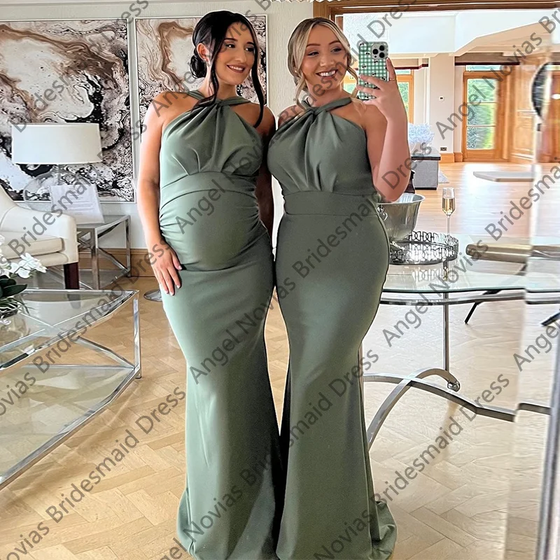 

Длинные зеленые платья подружки невесты с лямкой на шее по индивидуальному заказу, атласные простые корсеты, платья для подружек невесты, халат demoiselle d honneur femme