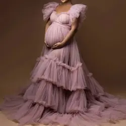 Dust Pink Maternity Star Dresses Ruffles Tulle Pregnant Photo Gowns for Photoshoot Baby Shower 3D Floral Off the Shoulder Robes