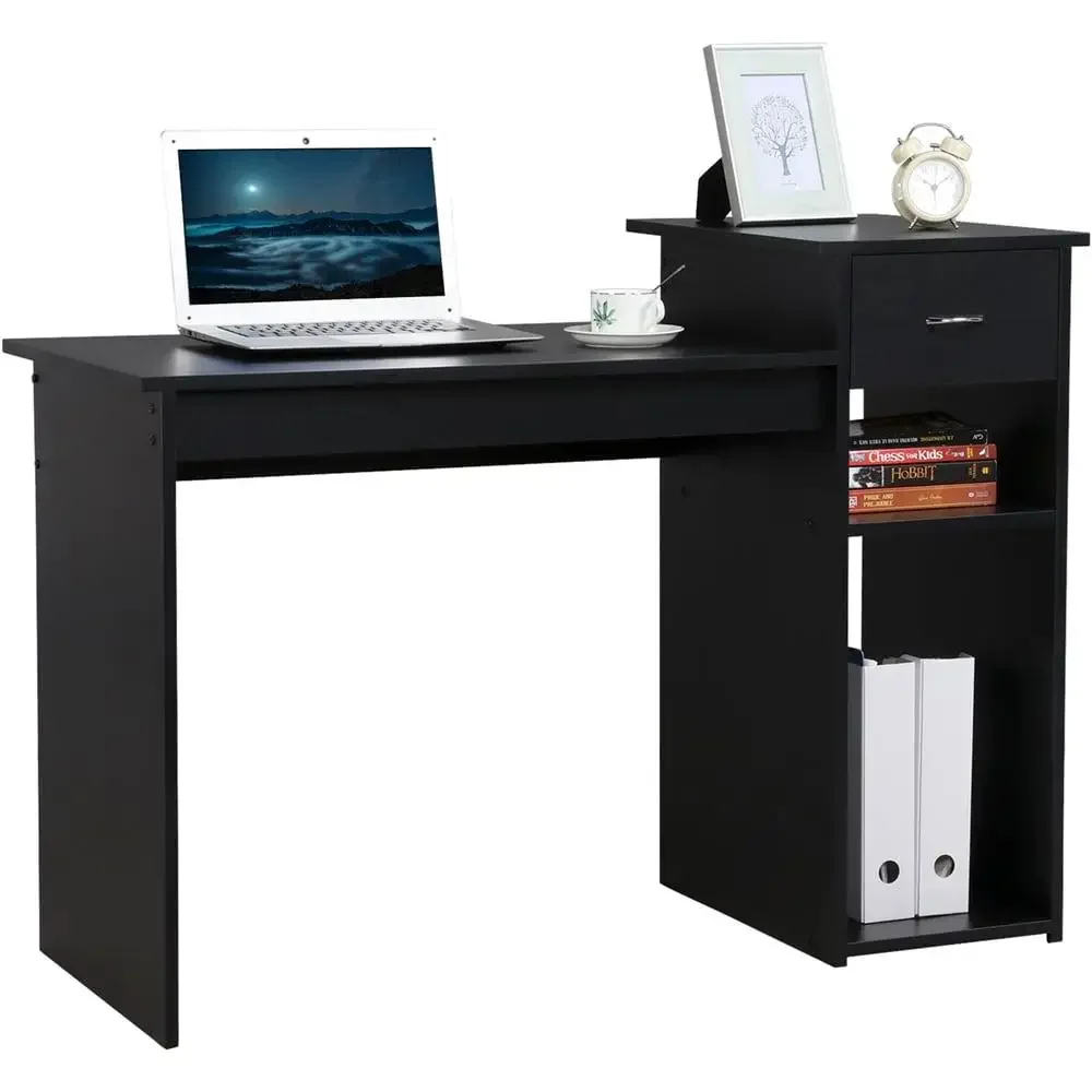 Black Computer Desk with Drawer and Storage Efficient Home Office Workstation