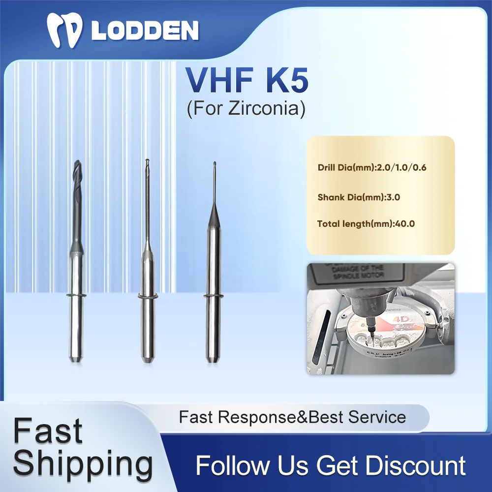 

VHF K5 Dental Milling Burs For Grinding Zirconia Shank 3.0mm L40mm DC Diamond Coating Drill Diameter 2.0/1.0/0.6mm Grinding Tool