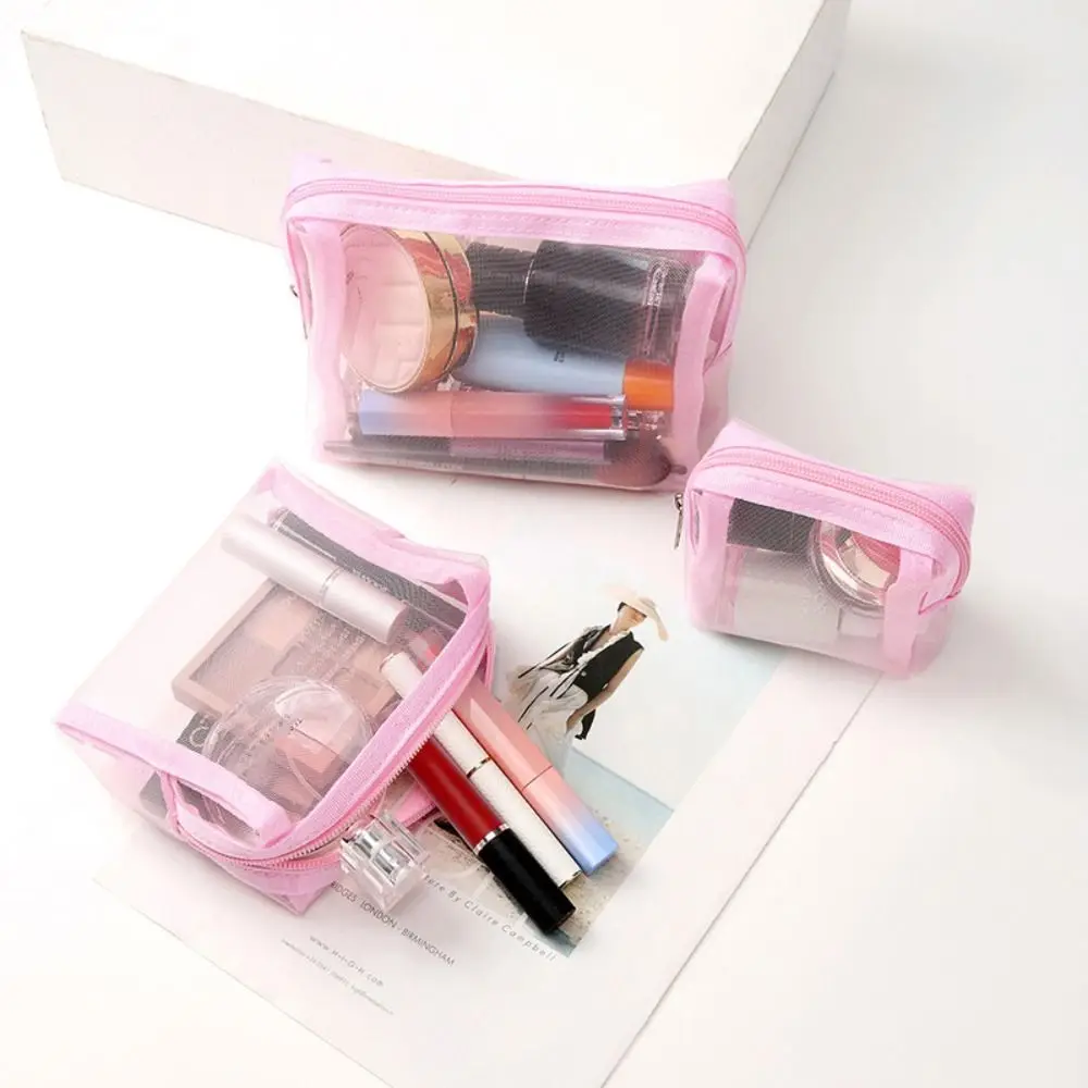 Solid Color Mesh Cosmetic Bag Zipper Storage Bag Transparent Makeup Bag Organizer Case Toiletry Bag for 3Pcs/Set