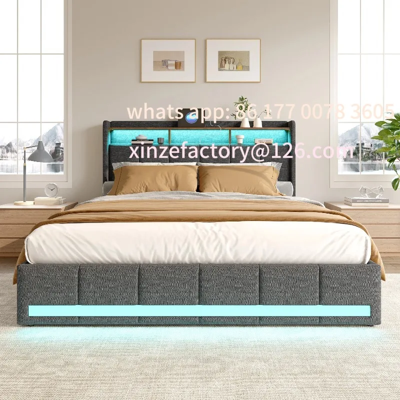 

Customizable160*200cmUpholstered bed frame with USB charging headboard and LED light and 4 drawers, double bed storage bed frame