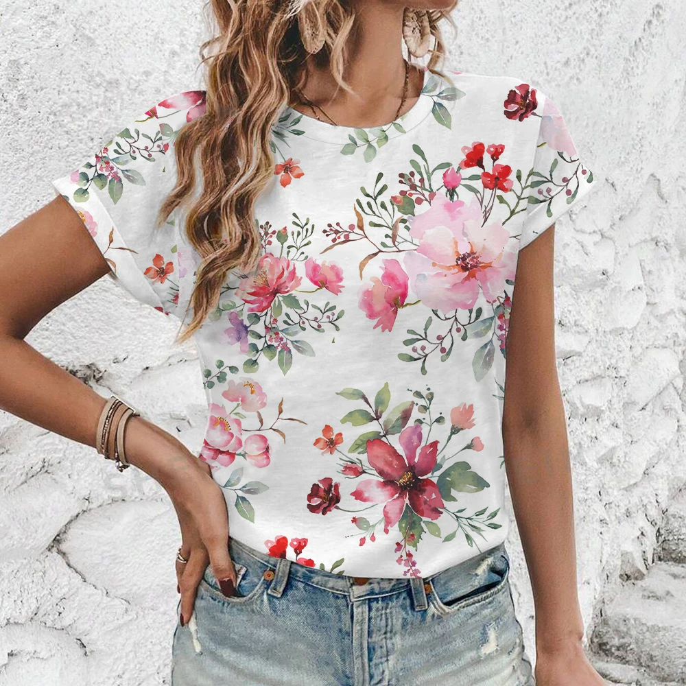 Elegant And Simple Fashion Women\'s T-shirt Summer Casual Loose Comfort O-Neck T-shirt Vintage Flower Print High Quality T-shirt