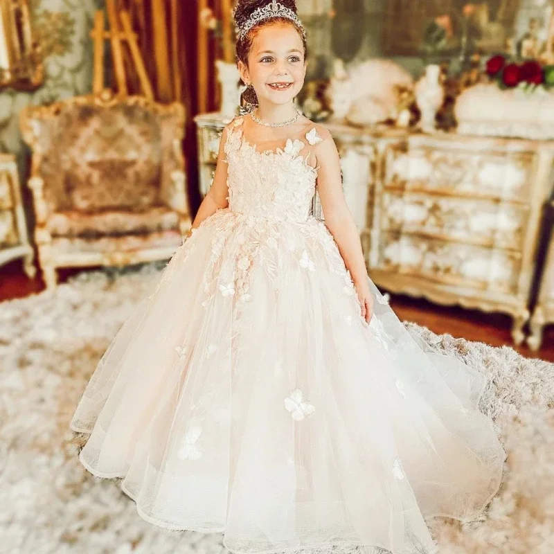 Vestidos Flower Girl para casamento e aniversário, Pearl Floral Tulle, Luxury Princess, Long Maxi, Kids Bridesmaid Ball, Vestidos de Primeira Comunhão