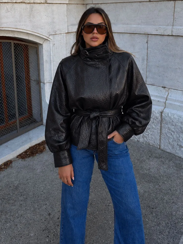 HH Vintage Faux Leather Belted Jacket Women’s Autumn Winter Oversized Stand Collar Long Sleeves Elegant Street Style Chic Coats