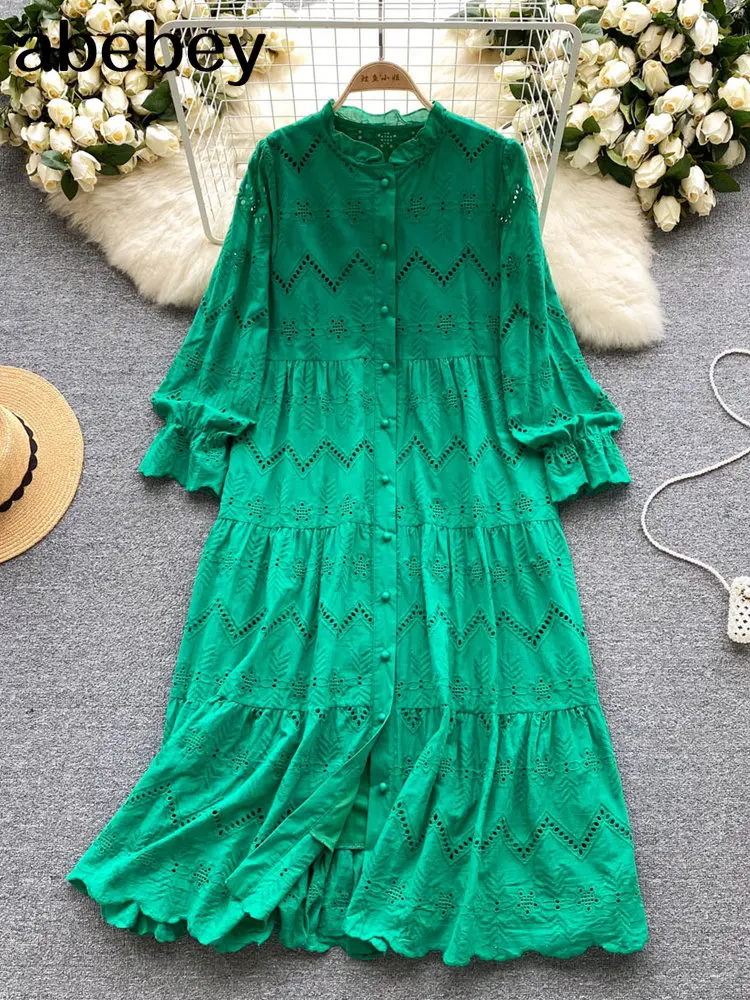 White/Green/Blue Summer New Lace Embroidery Dress Women Long Sleeves Dresses Female Vintage Party Beach Maxi Long Dresses