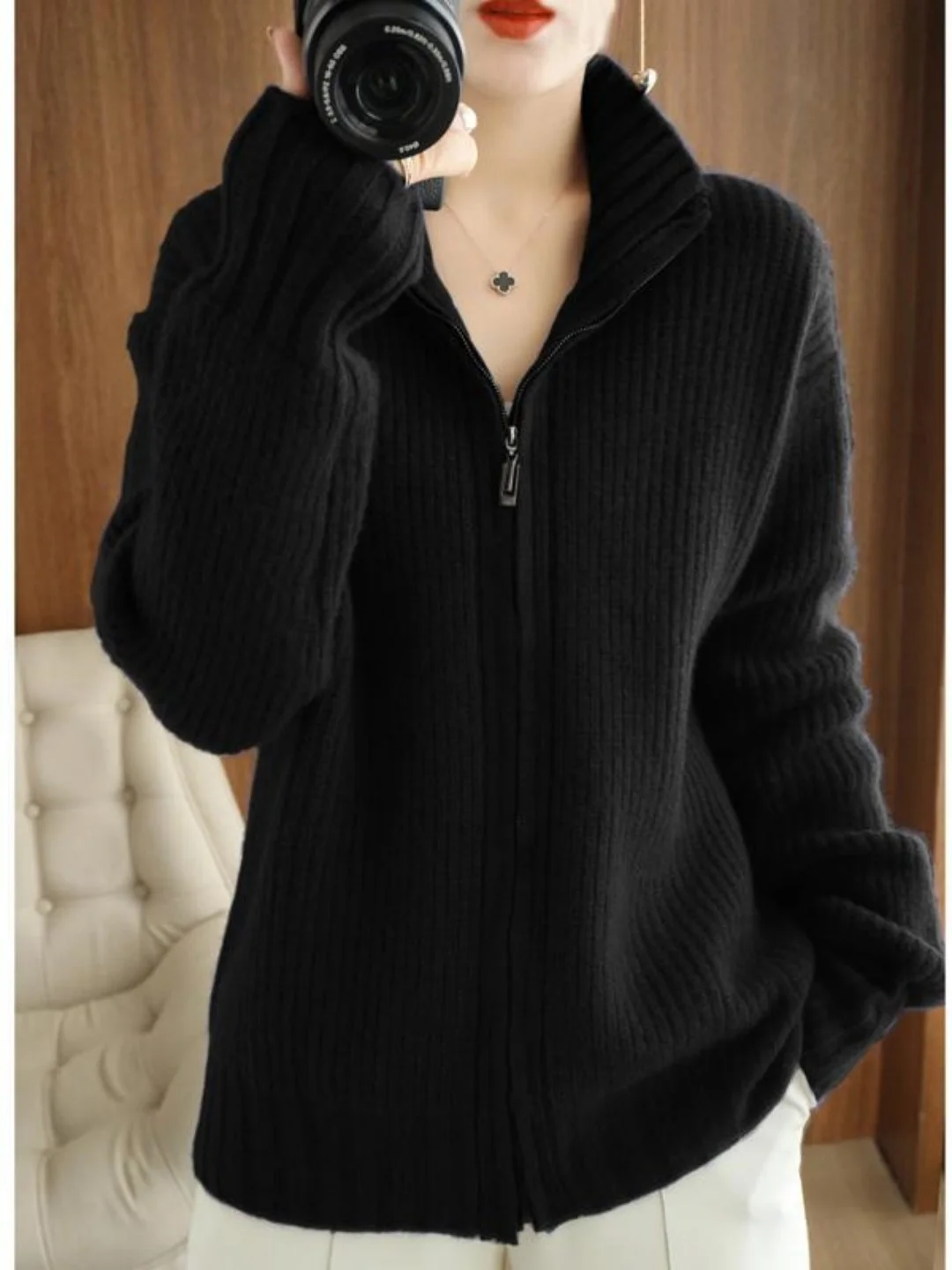 

Autumn Winter plus Size Thiened Zipper Pure Color Stand Collar Knitwear Women's Faion Slimming Cardigan Korean Sle Long...
