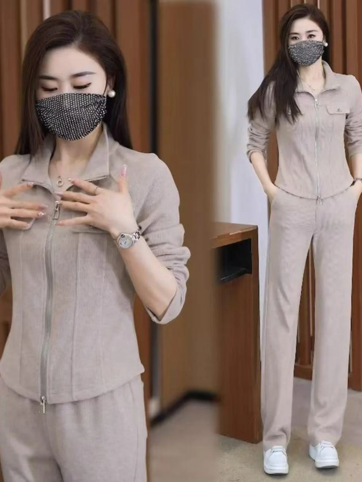 

Slimming Faionable Women's Two-Piece Set with Stand Collar Open Cardigan And Wide Leg Pants Korean Sle Loose Fit Long Sve