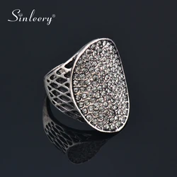 SINLEERY Retro Full Gray Cubic Zirconia Big Oval Rings Antique Silver Color Women Vintage Jewelry Best Friend Gift JZ064