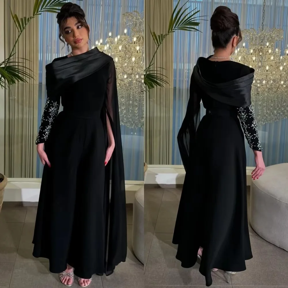 

Customized O-neck Evening Dress Gorgeous Long Sleeve Prom Dresses Ruched Beading Formal Occasion Ruffles Party Gown Robe Soiree