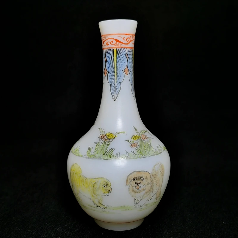 YIZHU CULTUER ART Size 11×5.8cm Chinese Old Beijing Glaze Hand Painted pug-dog Statue Vase Interior Decoration Collection