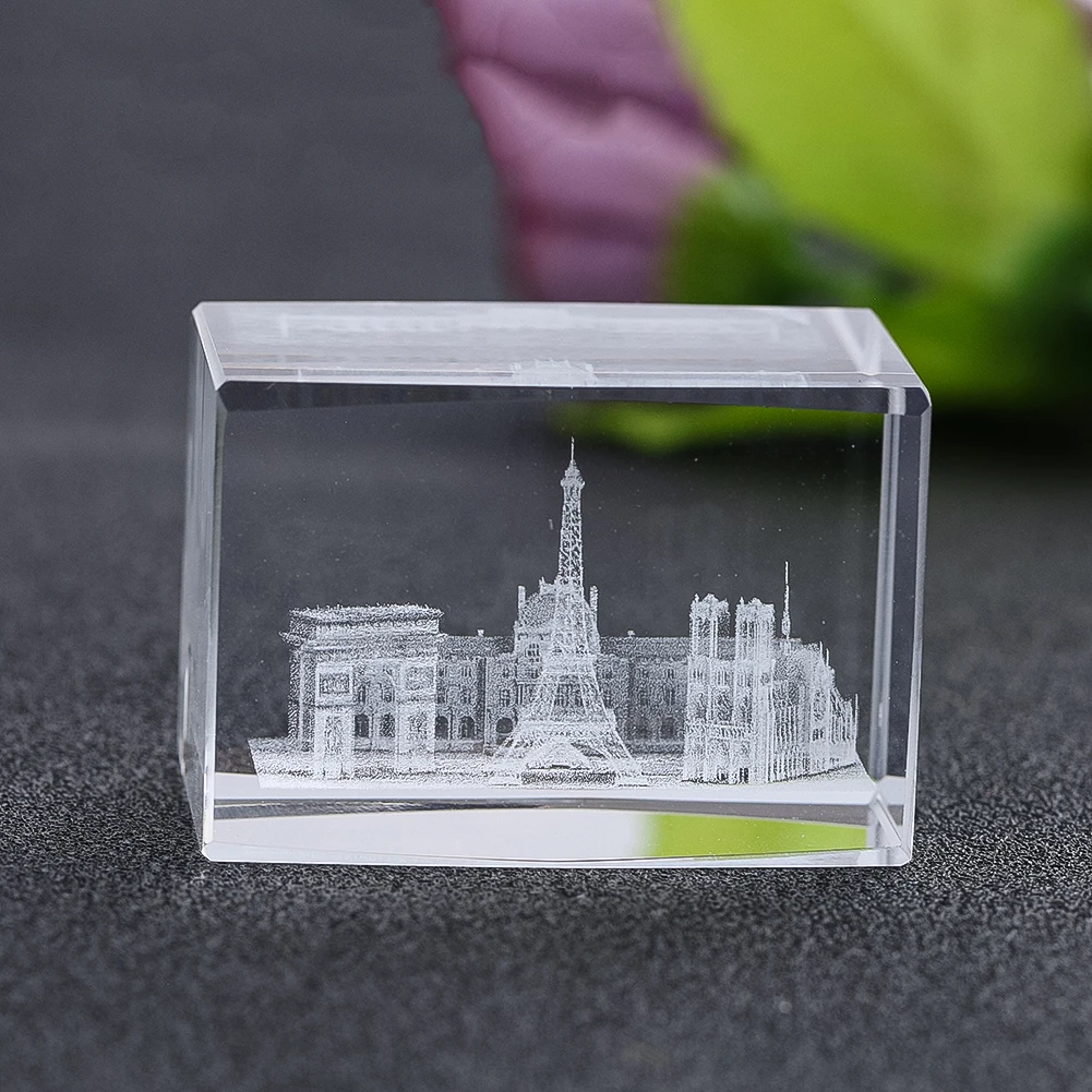 3D Laser Engraving Crystal Cube Mini Building Model Carved Inside Desktop Miniature Ornaments Home Decoration Paperweight Gifts