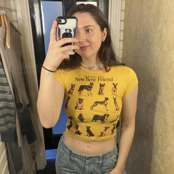 

American Printed Ginger Yellow Short Sleeved T-shirt for Women's Ins Exposed Navel Top