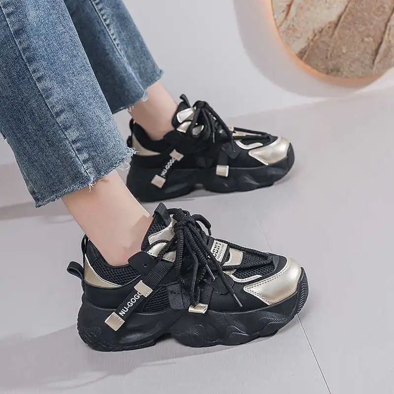 With Lacing Big Sole Women's Black Basketball Skateboarding Shoes 40 Walking Sneakers For Women Sports Portable Gym