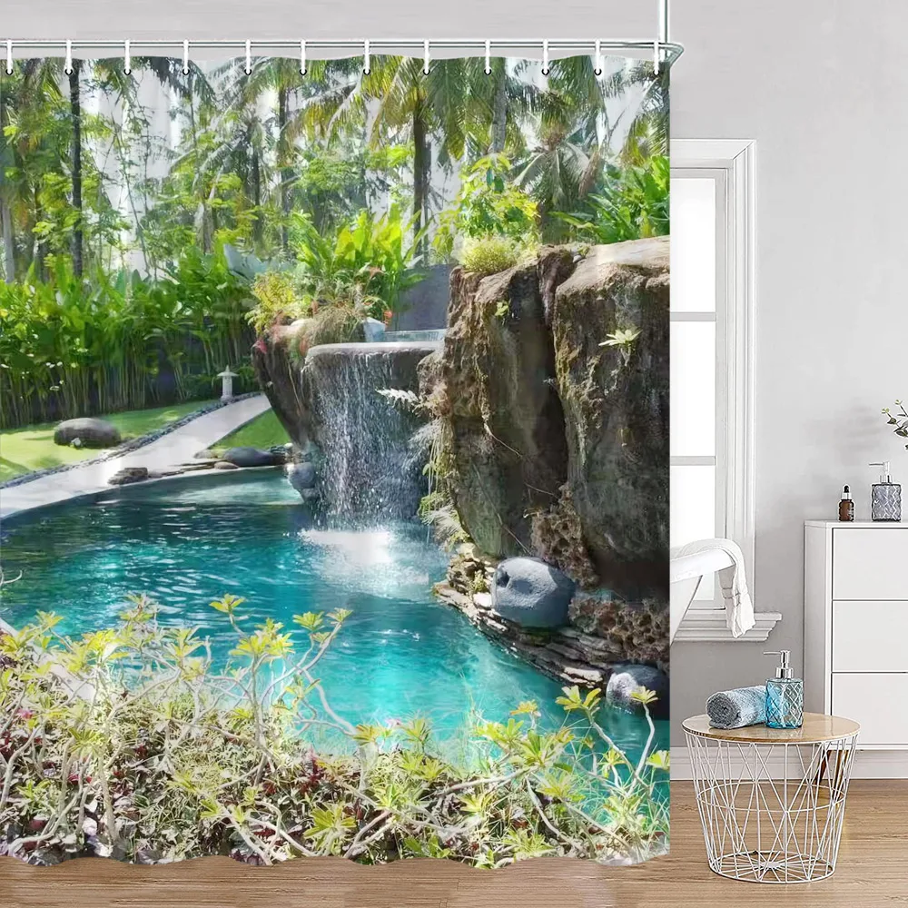 Waterfall Landscape Shower Curtains Natural Forest Jungle Rustic Scenery Wall Hanging Modern Polyester Bathroom Curtain Decor