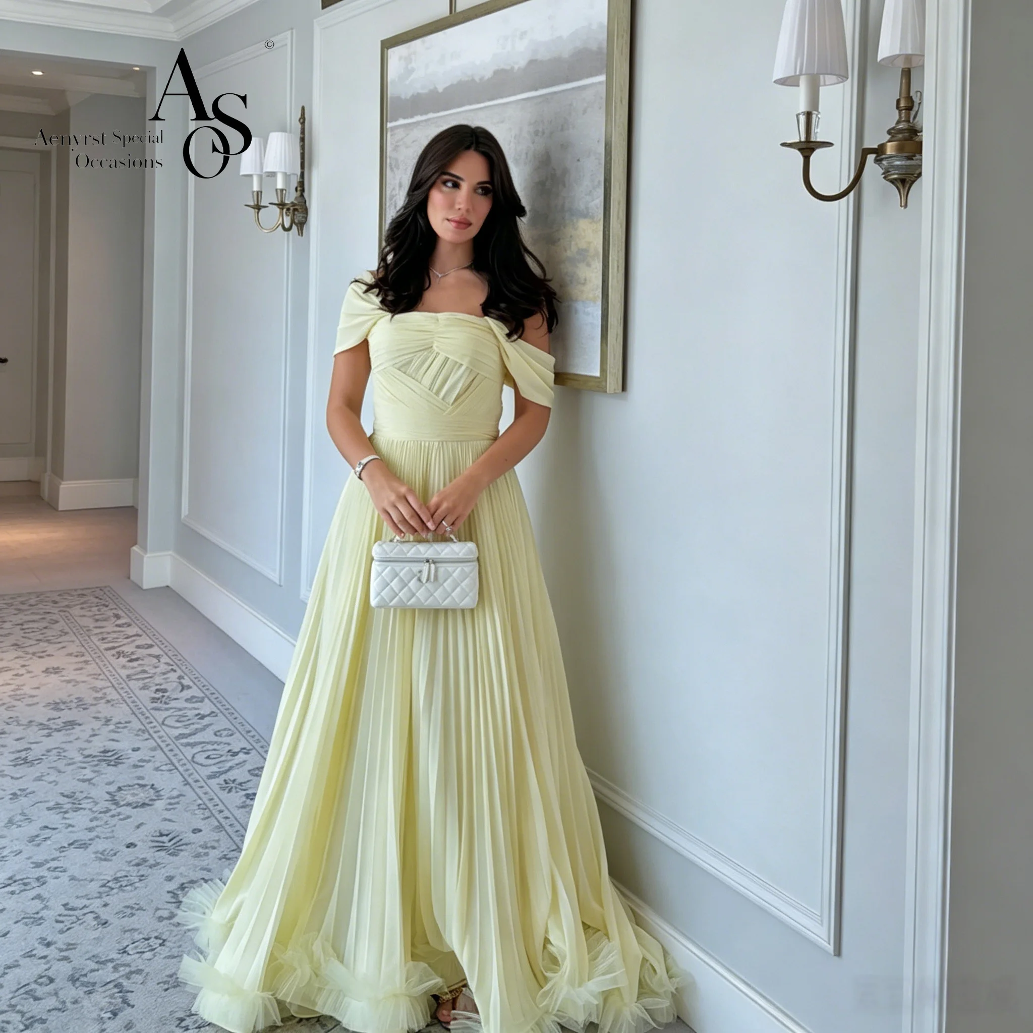 

Elegant Yellow Off-Shoulder Strapless Floor-Length Gown Formal Occasion & Prom Dress with Ruched Waist