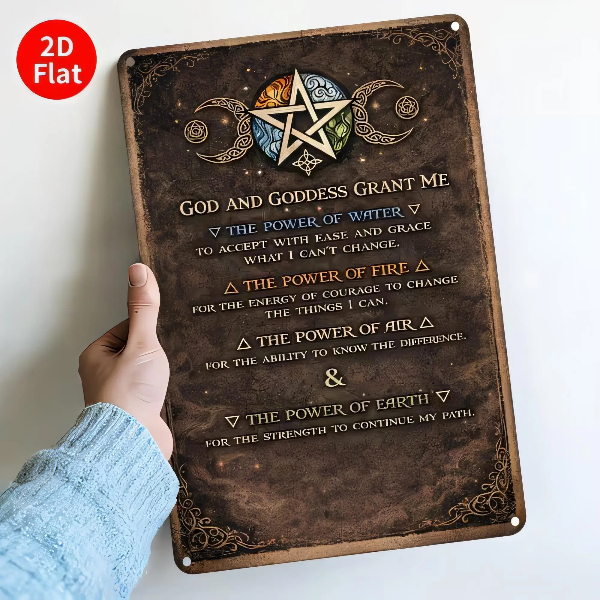 Plaque en métal vintage, décoration murale, avec citation inspirante : « Dieu et la déesse m'accordent le pouvoir de l'eau, du feu et de la terre », pentagramme