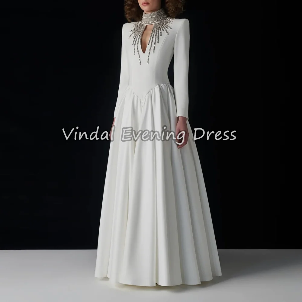 

Креп Vindal трапециевидной формы с круглым вырезом длиной до пола, со складками из бисера, простые вечерние платья в Саудовской Аравии для женщин, 2025 год, вечернее платье с длинными рукавами