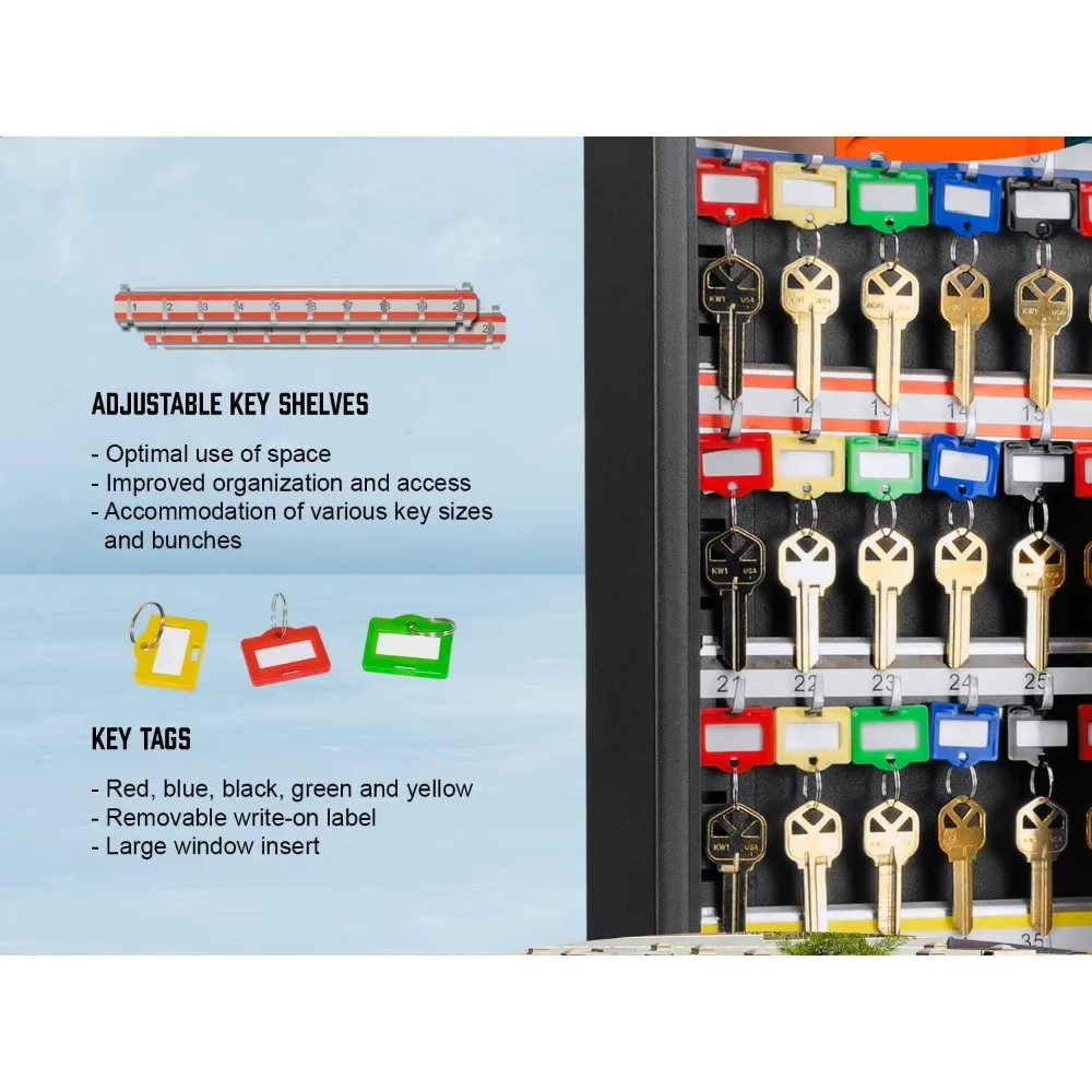 خزانة تخزين مفاتيح فولاذية مكونة من 100 فتحة مع خطافات قابلة للتعديل وسجل المفاتيح وعلامات الألوان ومخطط الفهرس