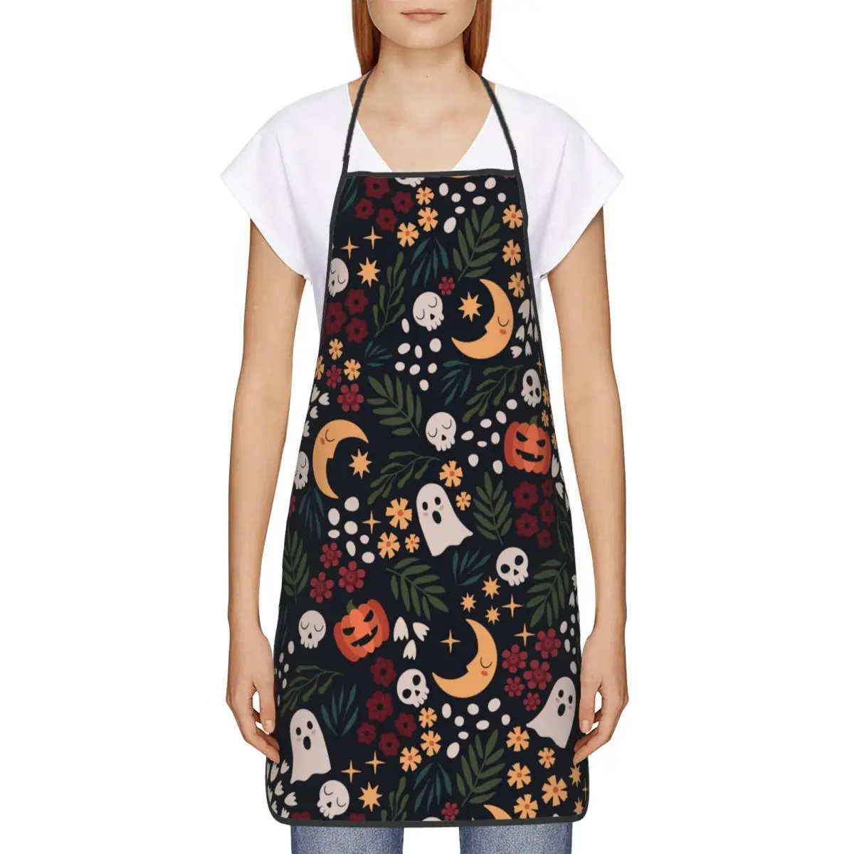 Custom Bib Halloween Skull With Flowers And Pumpkins Apron for Men Women Unisex Adult Chef Cooking Tablier Cuisine Gardening