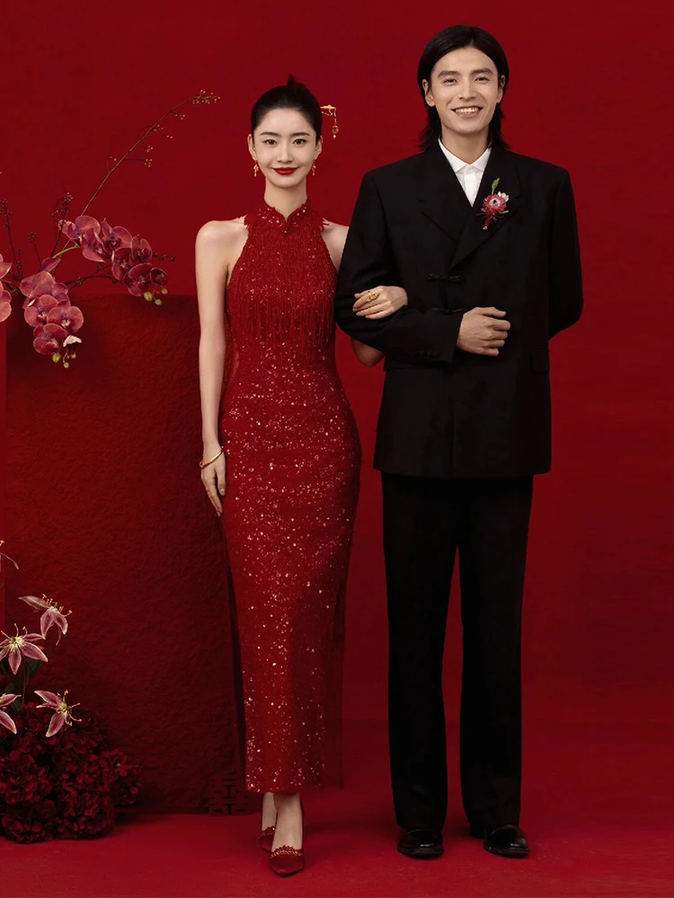 

Ele Long Evening Gown for Wedding Engagement Par Bright Sequin Slim Fit Fi Tail Dr Red Color Perfect for plus Size...