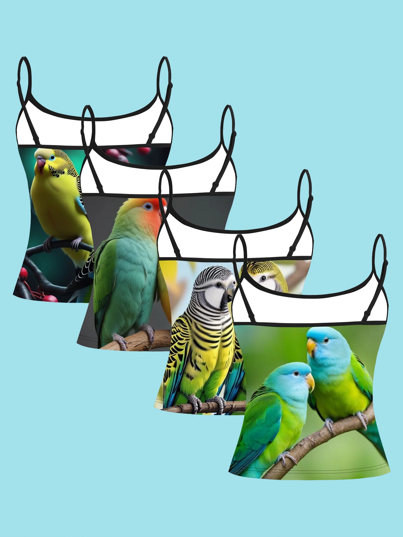 4-Piece Set of Cute Pet Couple Parrot Pattern Camisole Set, Multi-Colored Realistic Bird Print Women's Spaghetti Strap Inner Wear